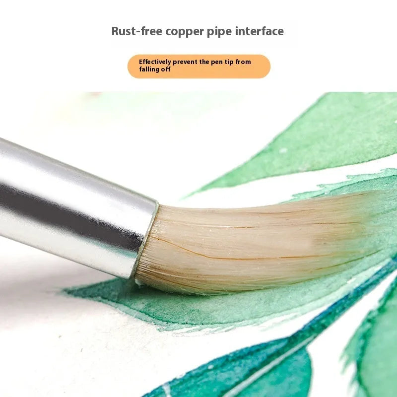 Six wooden-handled pointed wool line pen brushes arranged together.