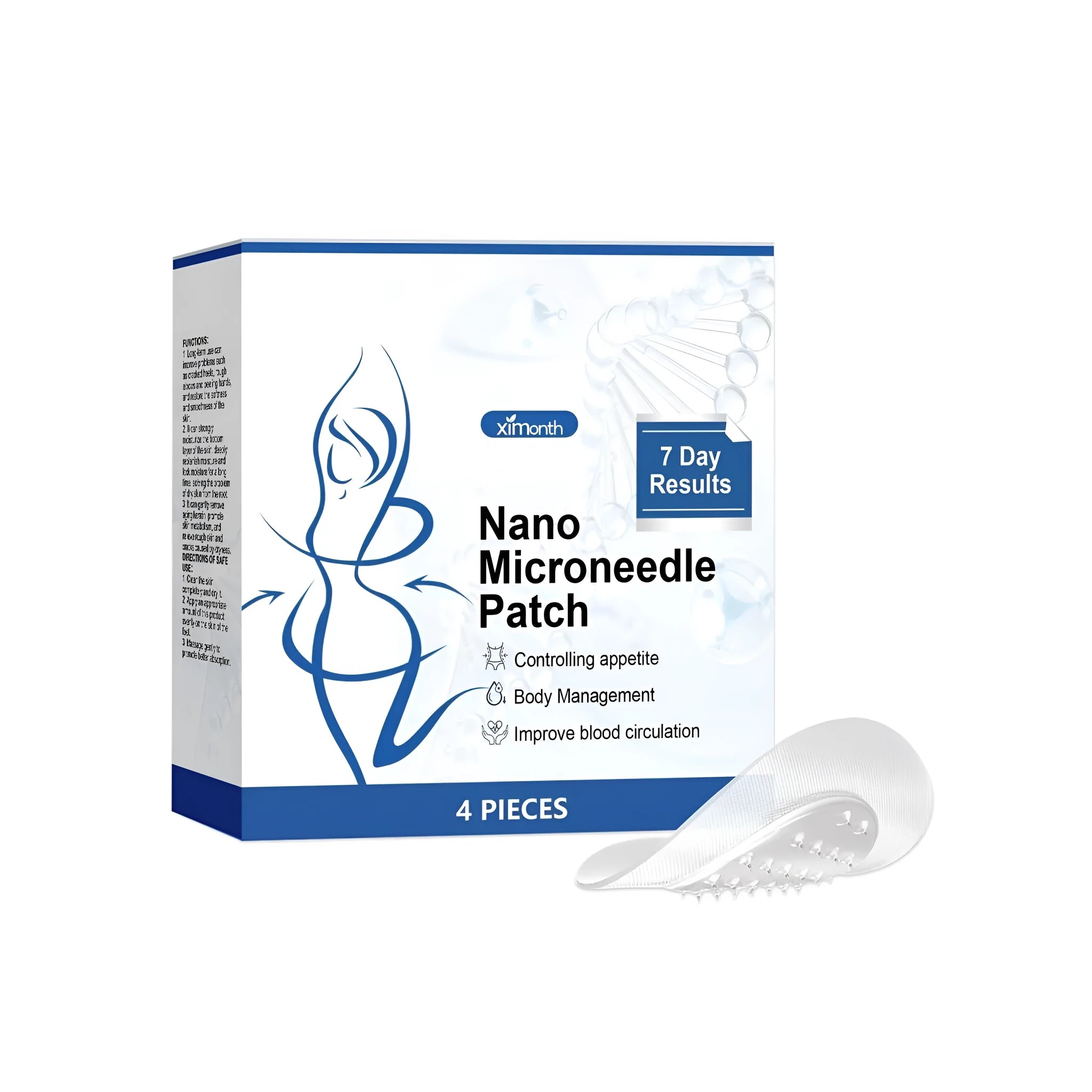Pack of four white nano microneedle body shaping patches on skin