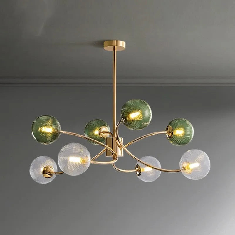 Nordic simple chandelier with green clear glass shades, 8 heads, low voltage, living room pendant light