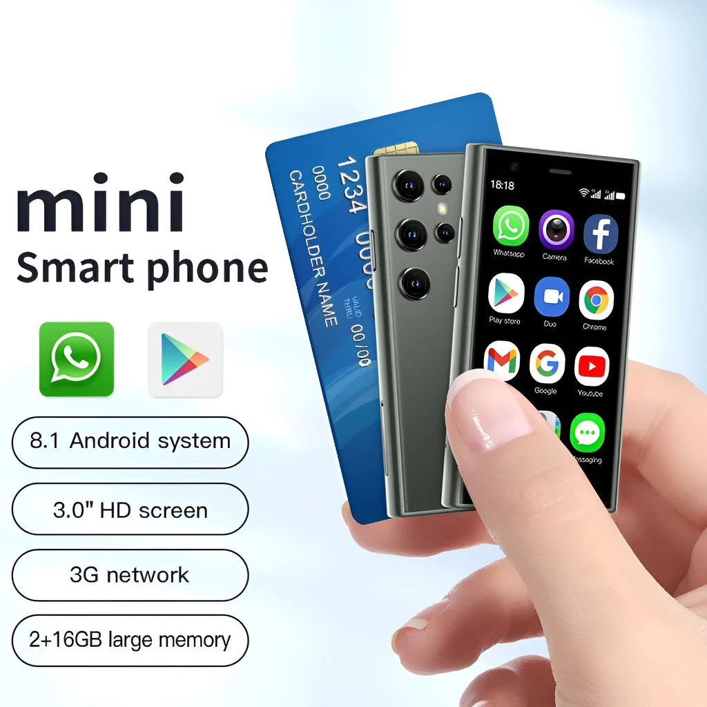 Mini smartphone with 30cm screen in black, green, or pink purple colour showing straight plate design
