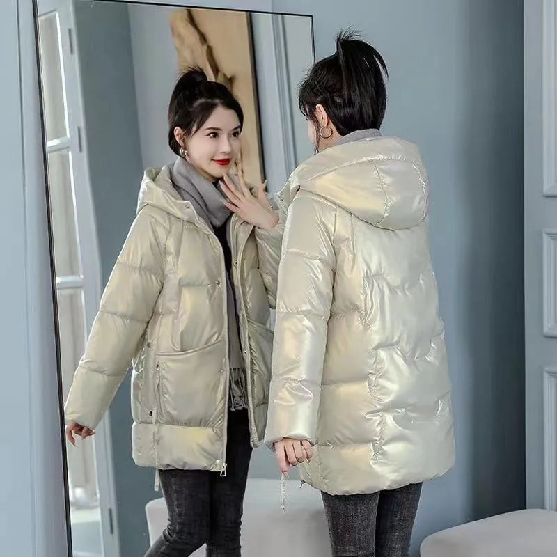 Loose thick hooded winter jacket for women in black, blue, green, or champagne colour