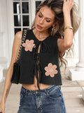 Women's sleeveless vest cardigan with lace-up straps and apricot flower pattern on textured fabric