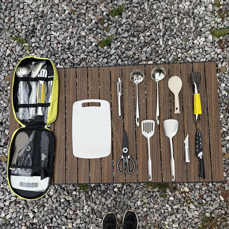12-piece stainless steel picnic cutlery set inside a khaki coloured portable storage bag.