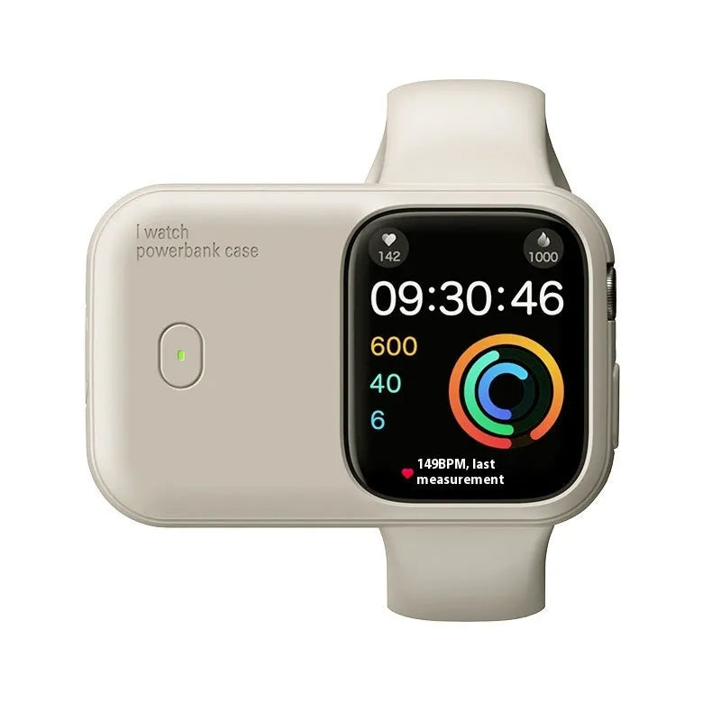 Apple Watch portable wireless charging case with silicone cover, shown next to 44mm watch
