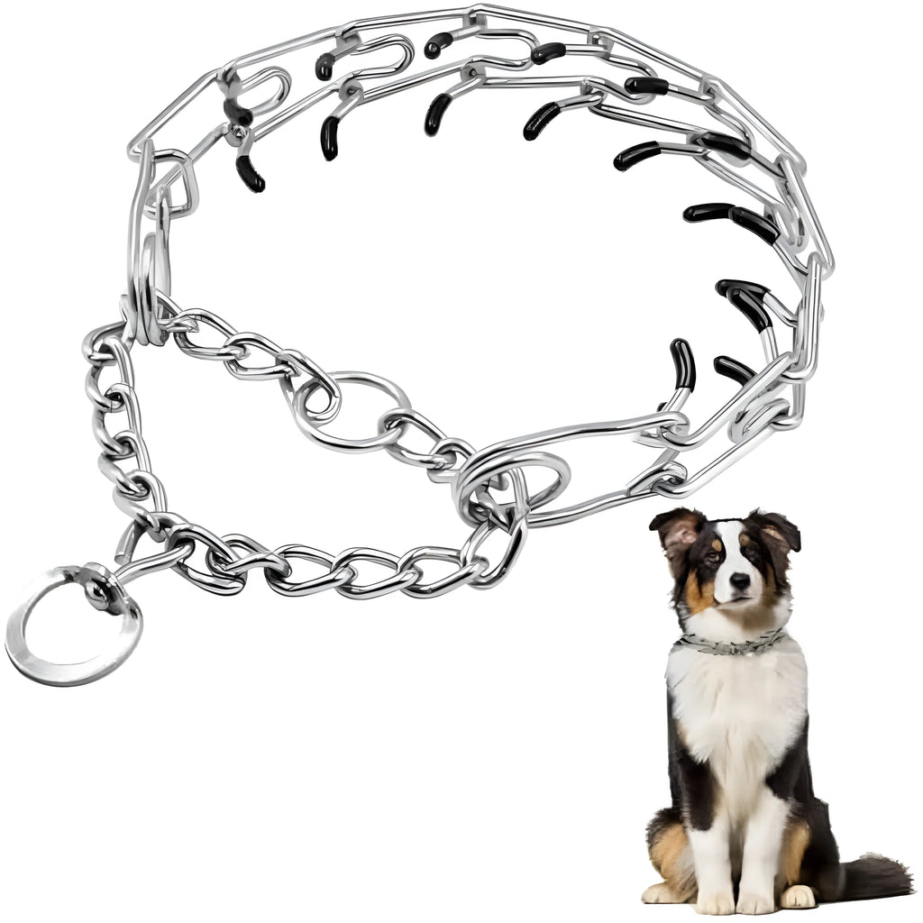 Stainless steel dog prong training collar with rubber tips on adjustable metal links.
