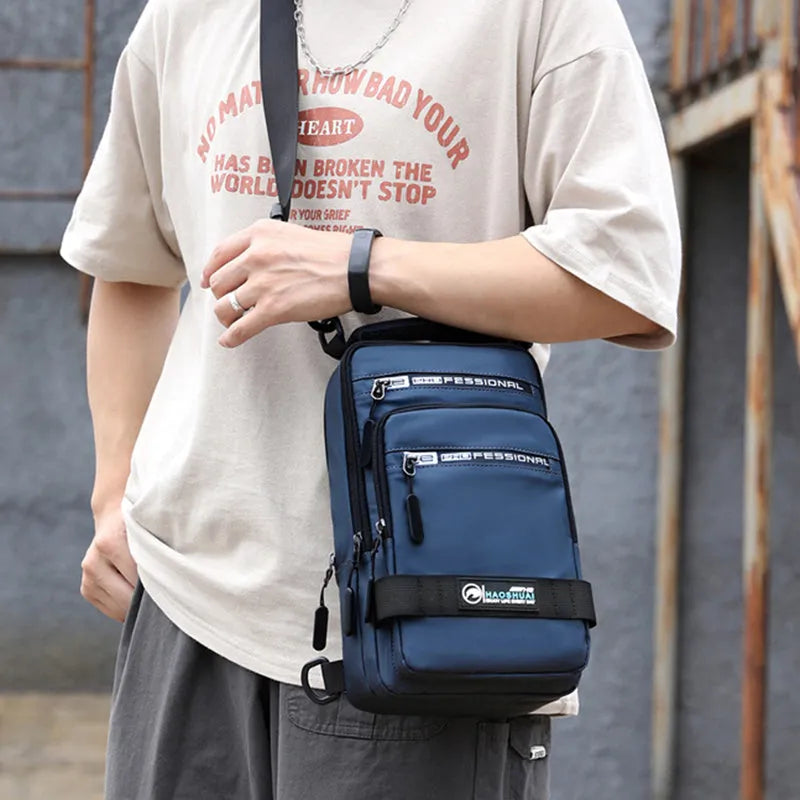 Multifunction nylon bag for men with USB charging port, medium square shape, in khaki colour