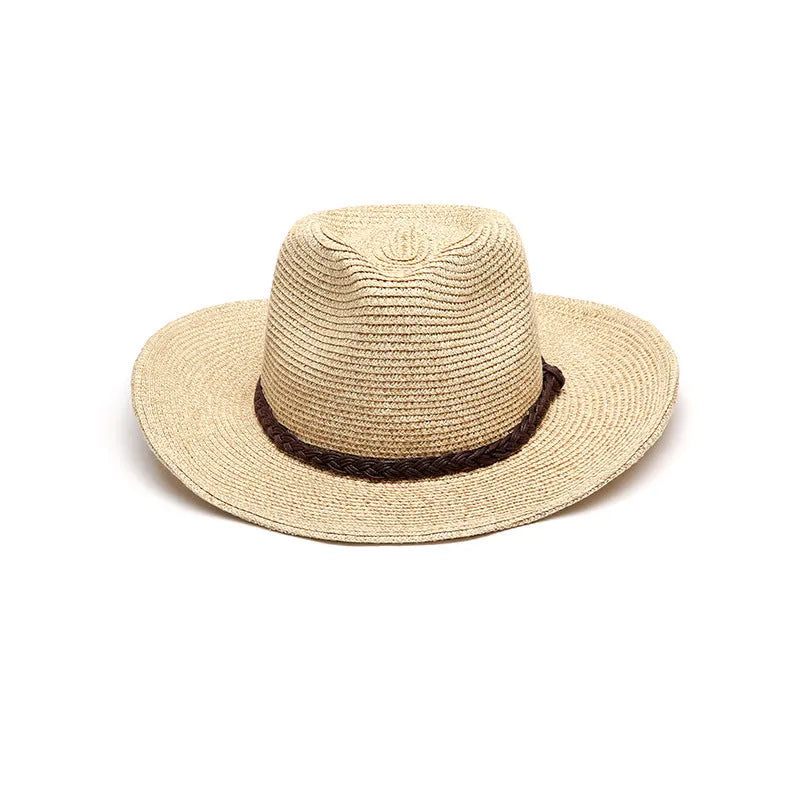 Men's foldable straw sun hat with wide brim in beige colour shown in three different sizes