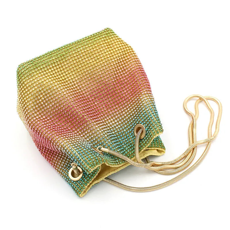 Soft rhinestone bucket handbag with diamond stud detailing in rainbow colour variations
