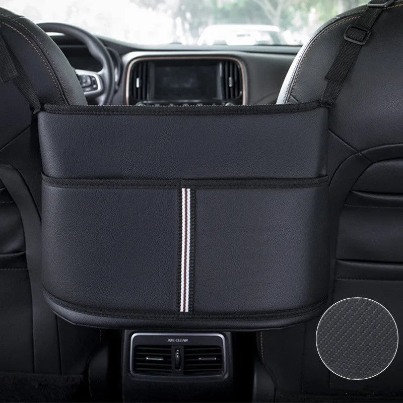 Black leather car seat storage bag with a net pocket, designed for the gap between seats.