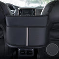 Black leather car seat storage bag with a net pocket, designed for the gap between seats.