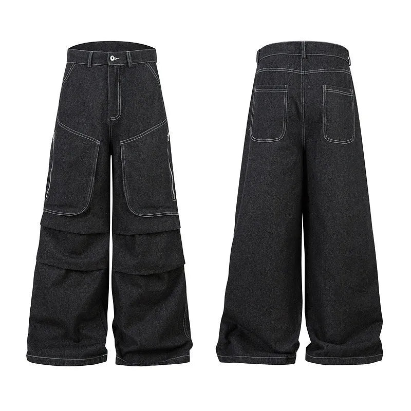 Black multi-pocket pleated denim workwear jeans for teenagers front view