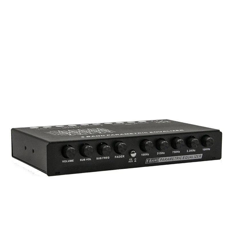 Car audio EQ frequency division amplifier with front panel controls for subwoofer adjustment