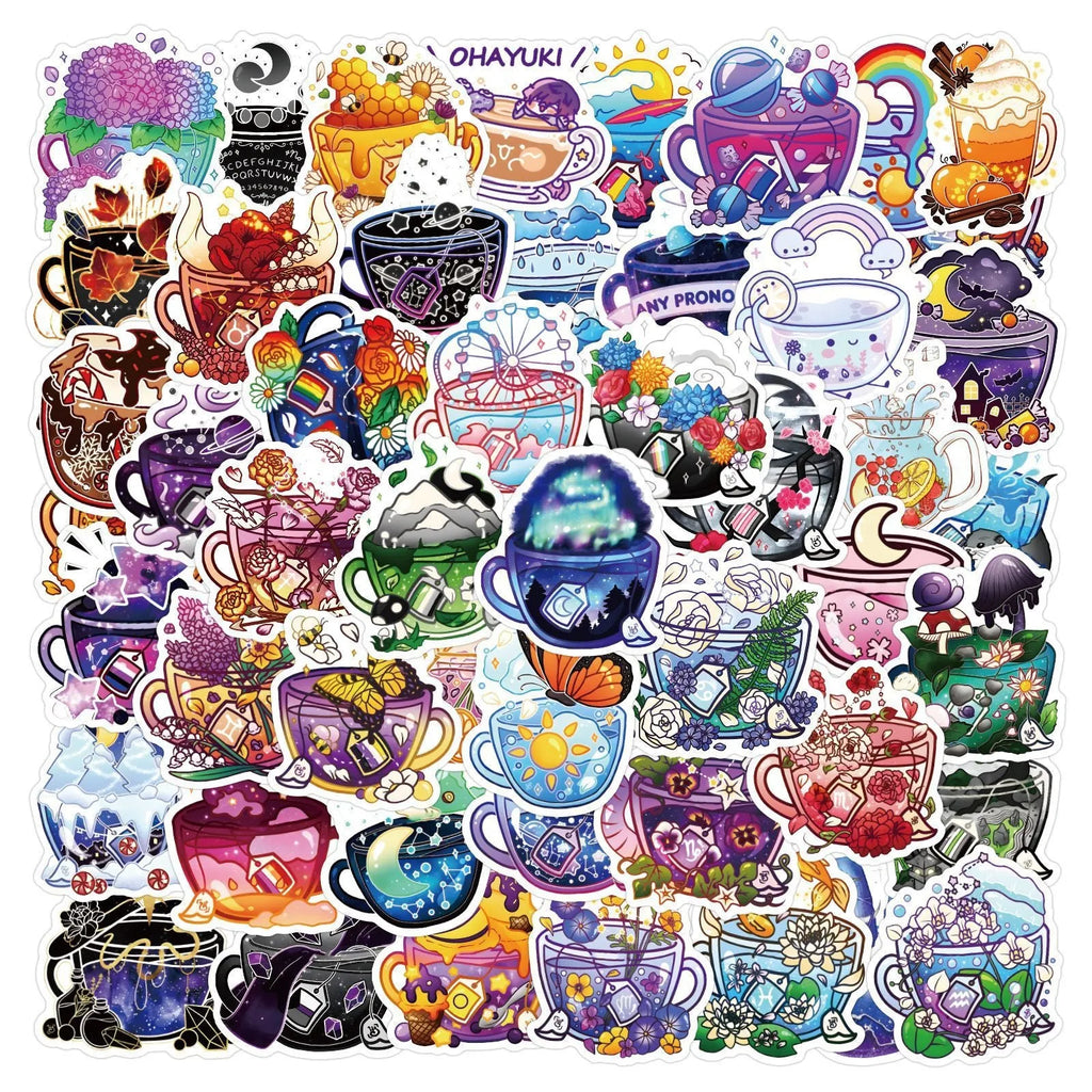 Pack of 50 colourful tea cup graffiti design waterproof vinyl stickers for DIY decoration.