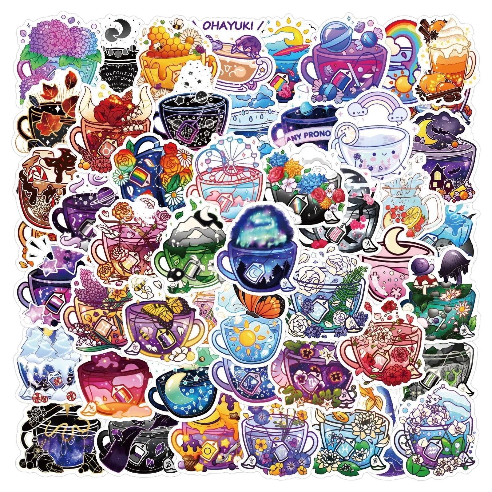 Pack of 50 colourful tea cup graffiti design waterproof vinyl stickers for DIY decoration.