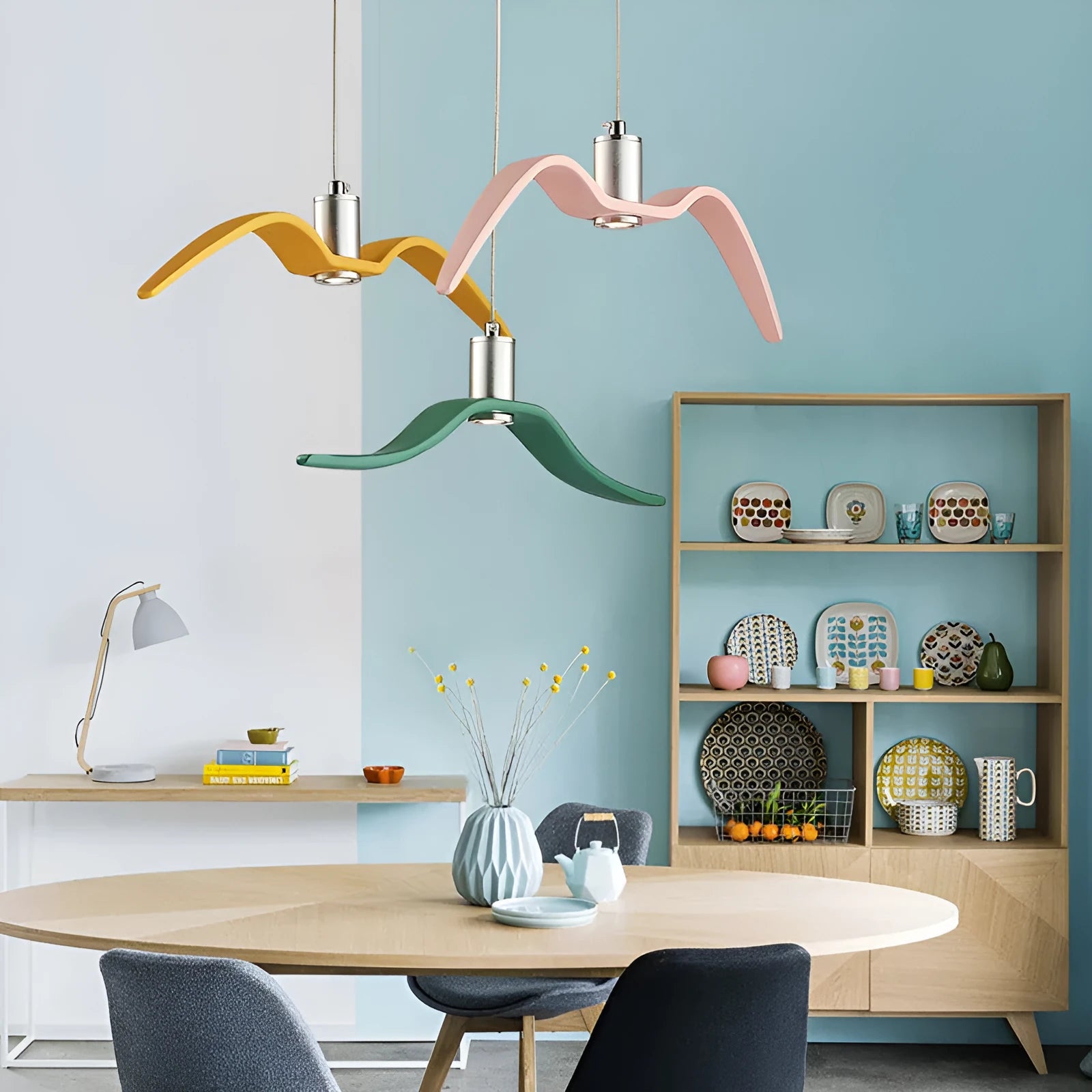 Nordic LED chandelier with macaron colours in a restaurant or home setting