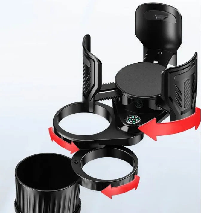 Black retractable car water cup holder with adjustable base on a car centre console.
