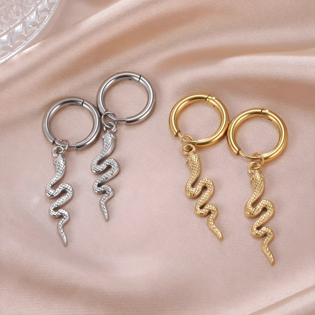 Gold plated stainless steel snake-shaped vintage earrings with clip fastenings