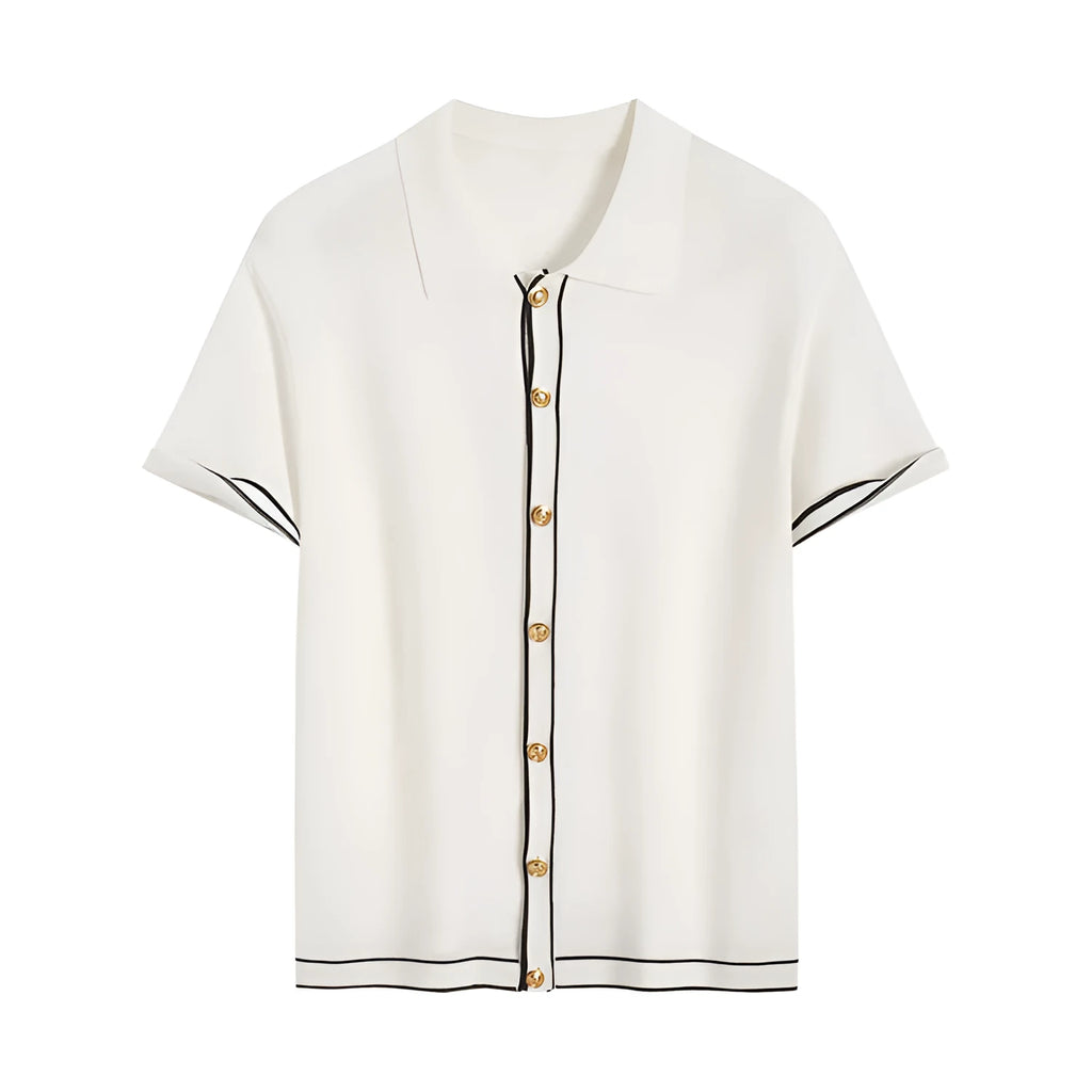 White short sleeve cardigan with dark contrast trim on the lapels.
