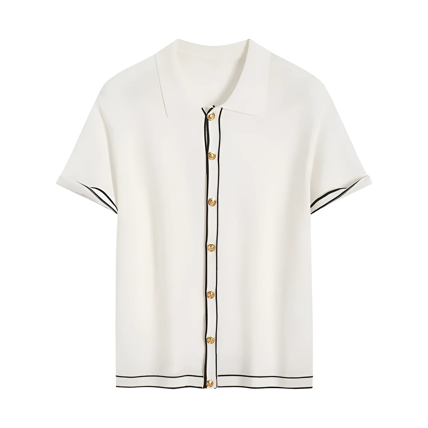 White short sleeve cardigan with dark contrast trim on the lapels.