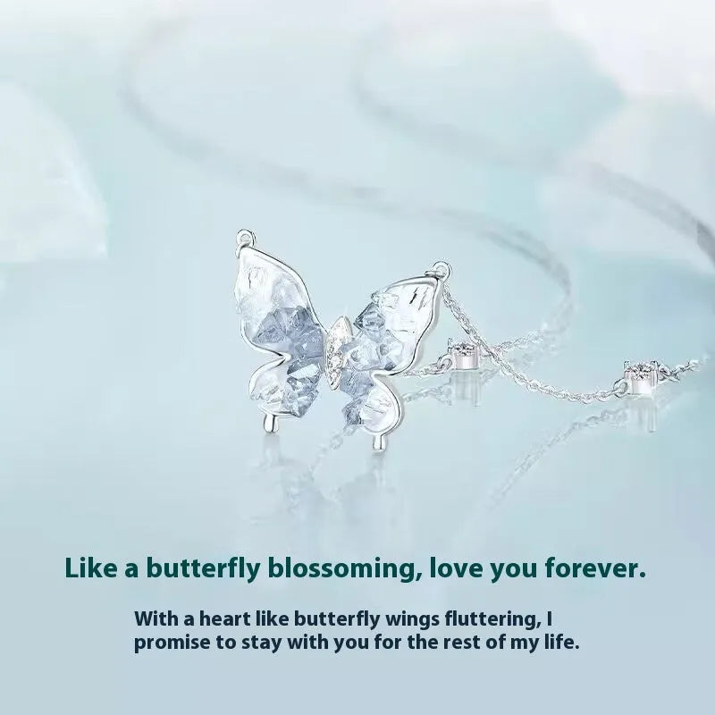 Bingyu butterfly women's necklace with S925 silver chain and electroplated pendant on white background
