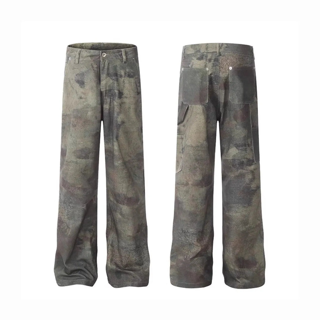 Men's straight leg jeans with a digital camouflage pattern in a retro style, shown in mid waist fit.