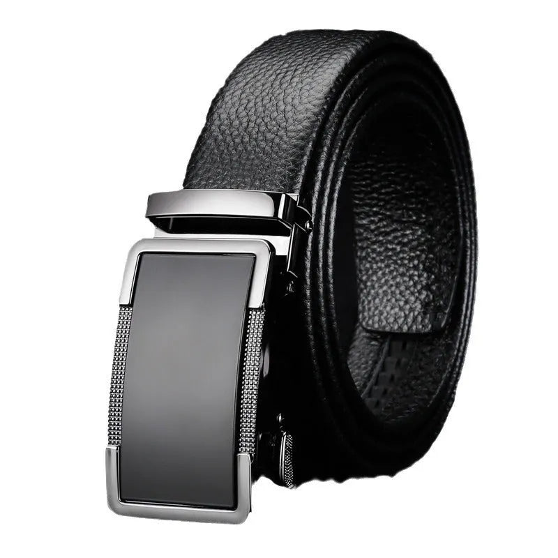Men's leather automatic buckle belt in gun black, silver, or gold colour on a white background