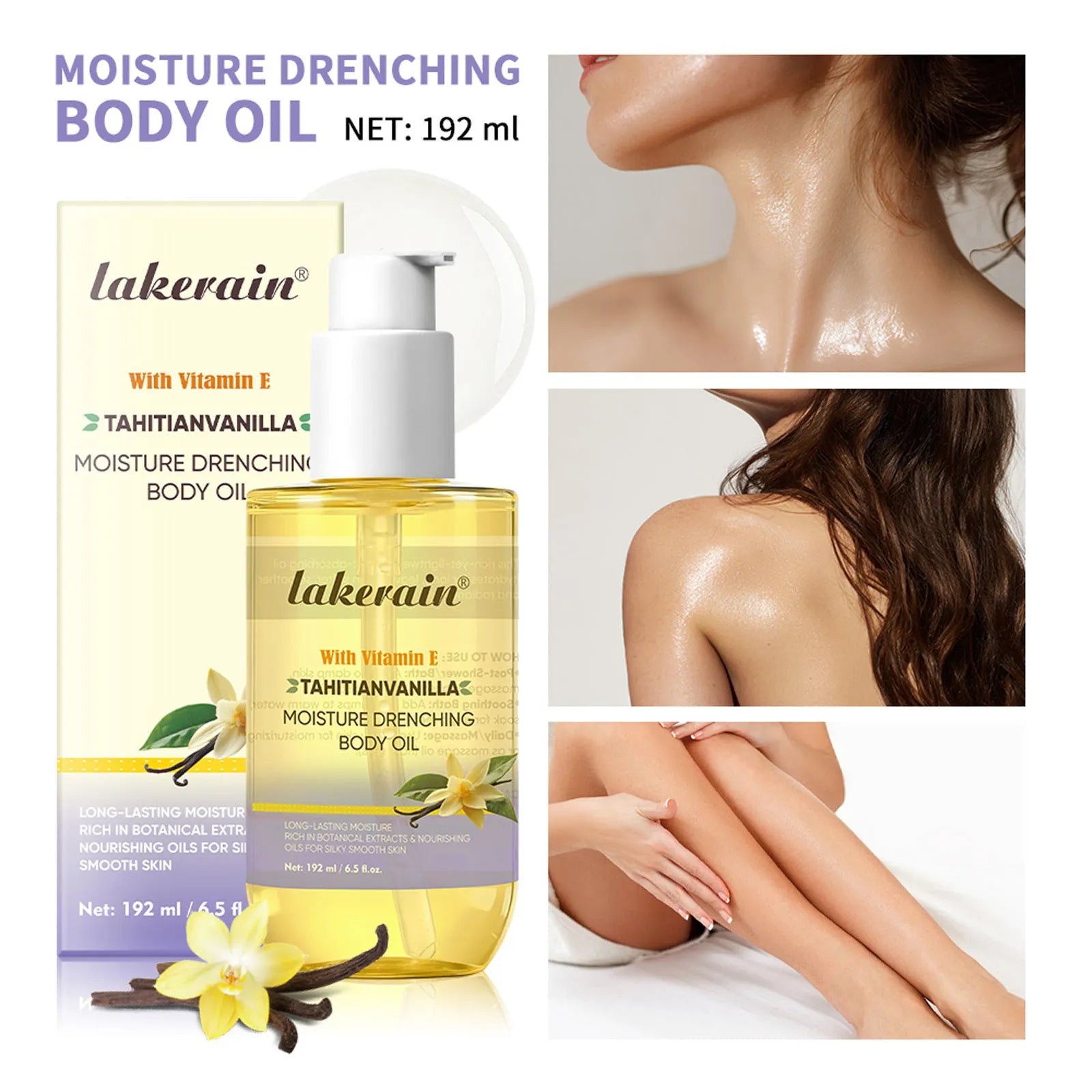 Vanilla flavoured moisturizing body oil in 192ml bottle for all skin types