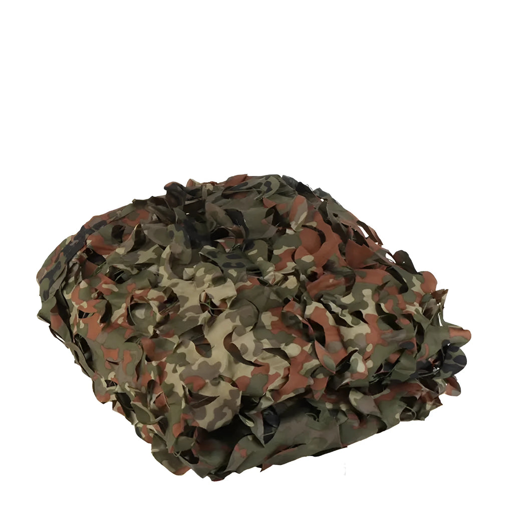 Green camp camouflage netting set showing multiple terrain patterns including desert and snow camouflage on blocking net material