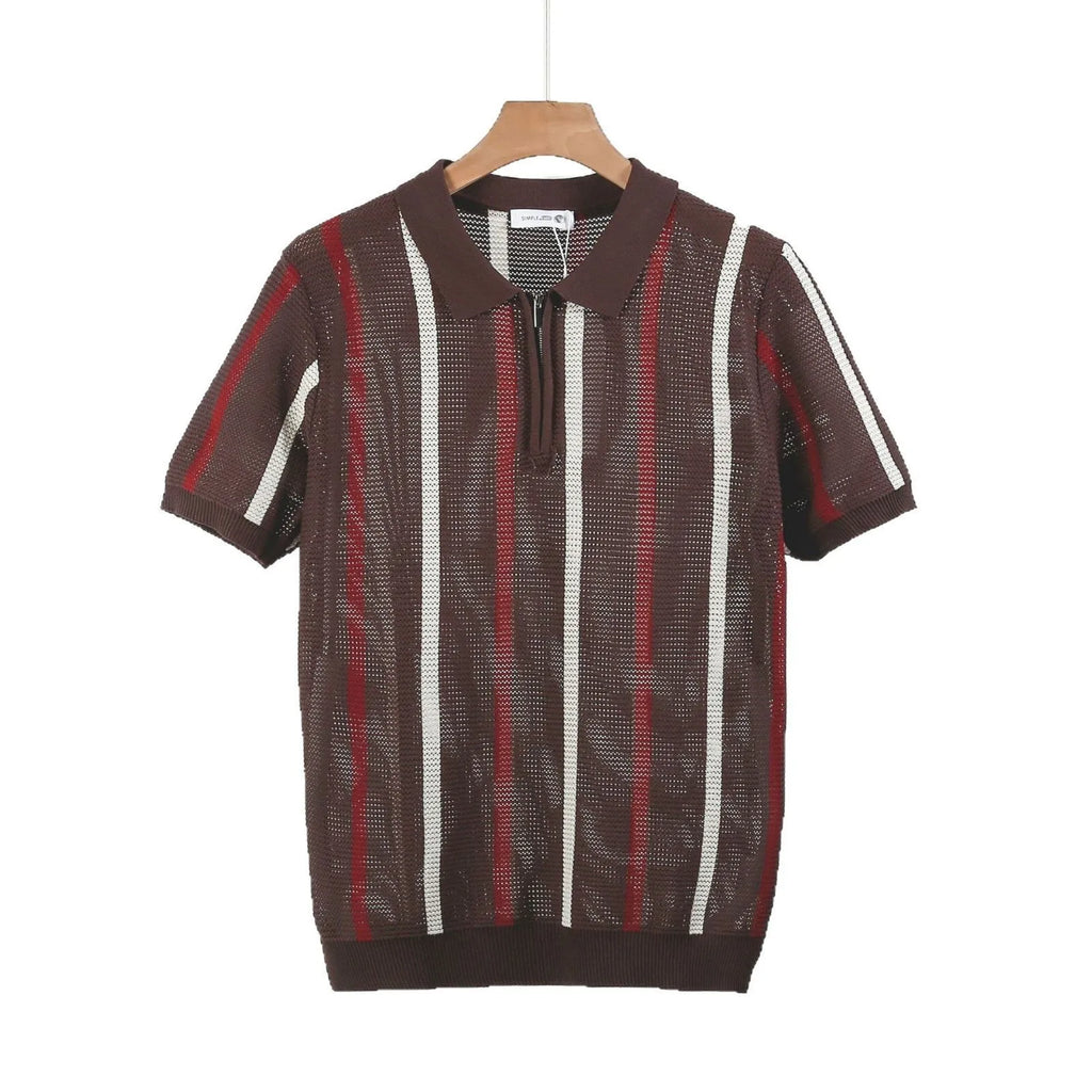 Hollow mesh short-sleeved knitting polo shirt in ice silk fabric with zipper detail, loose fit, summer casual wear