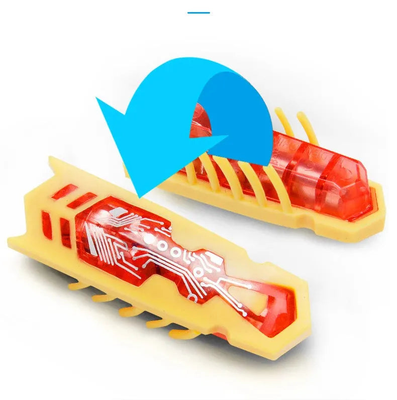 Mini electric bug cat toy in ladybug style with red body, PVC construction, crawling on a wooden floor