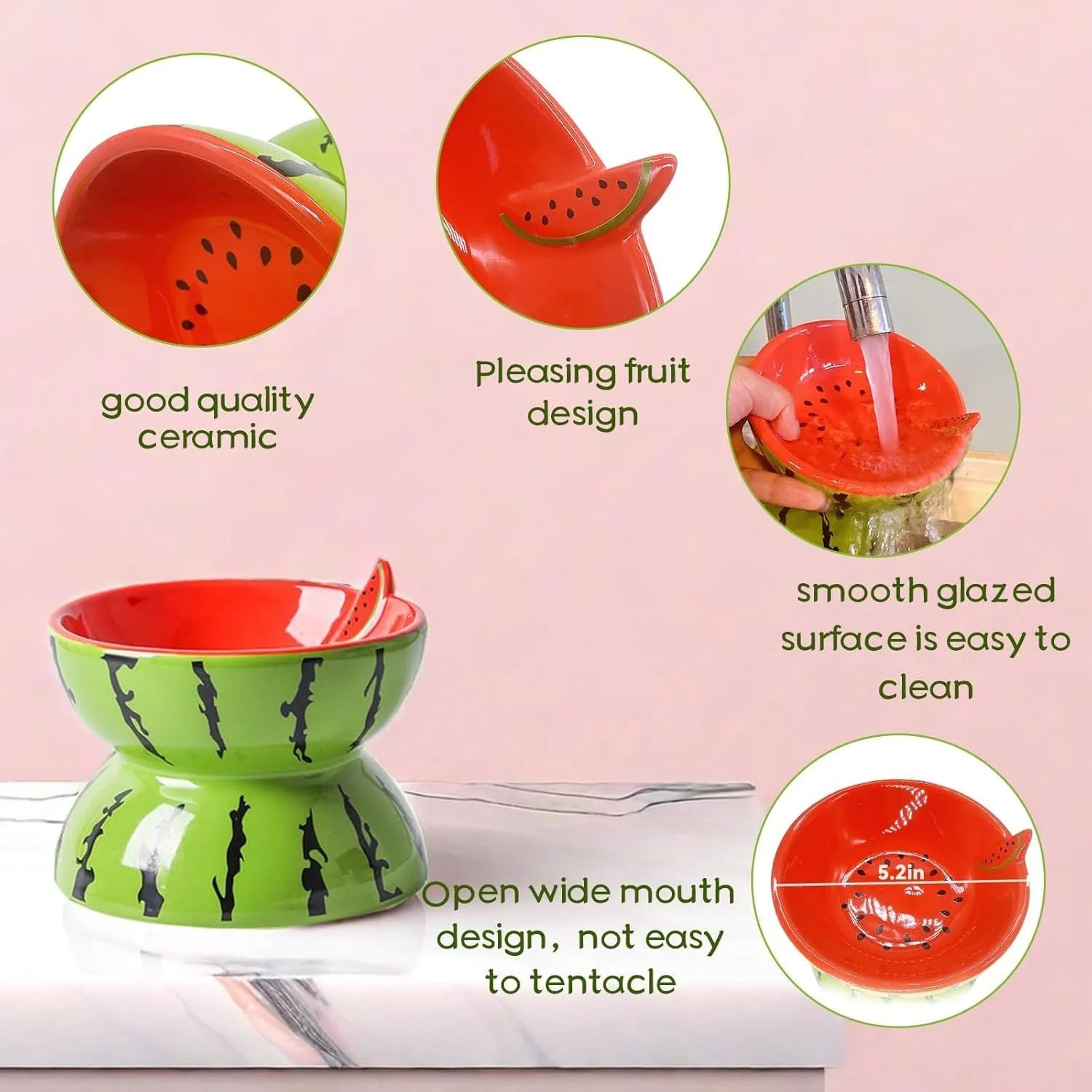 Ceramic raised cat bowl with tilted design in orange, pitaya, or watermelon pattern