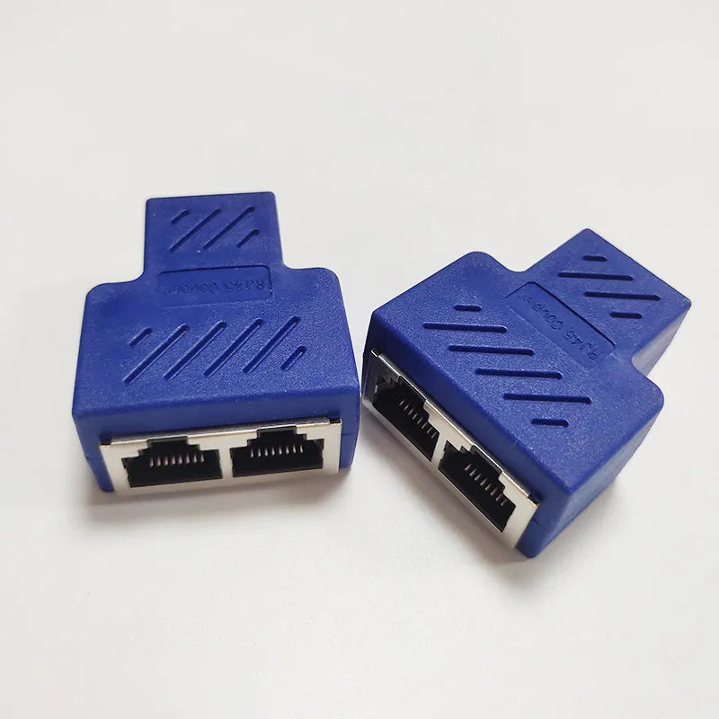 RJ45 network cable splitter adapter in multiple colours, showing one male and two female ports.