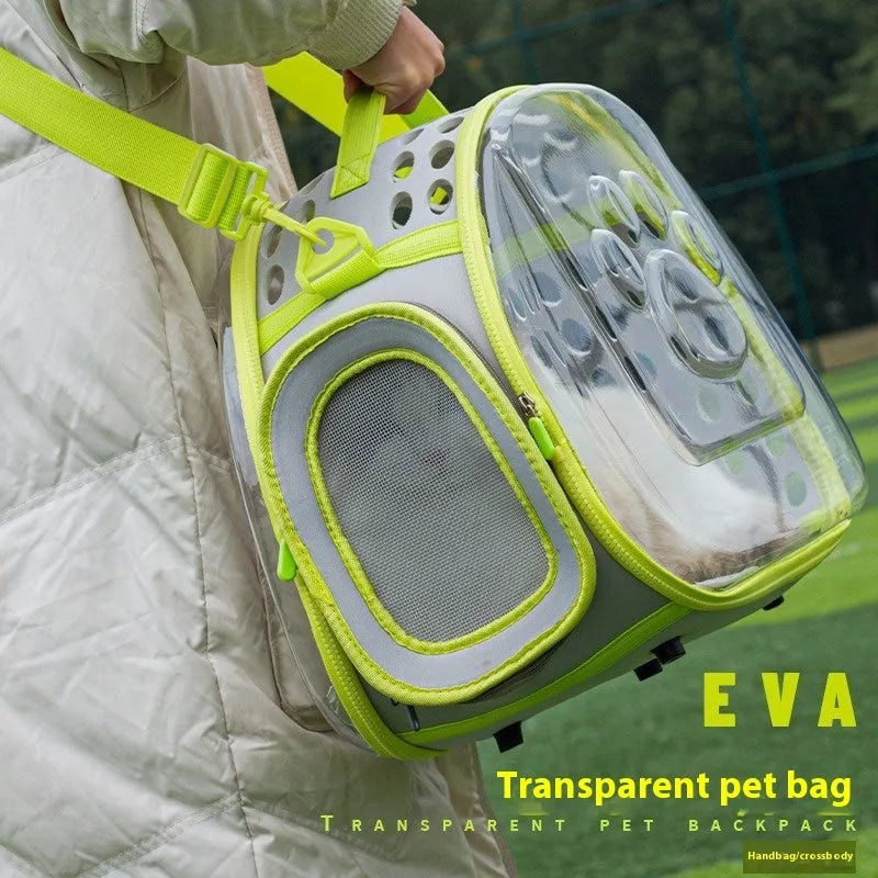 Large transparent hard EVA space capsule-style cat backpack carrier in grass green colour.