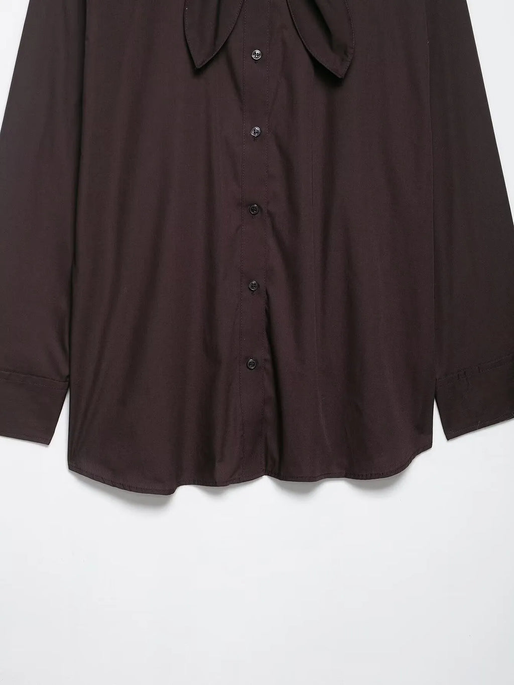Women's brown solid colour poplin shirt with bow tie and long sleeves, loose fit