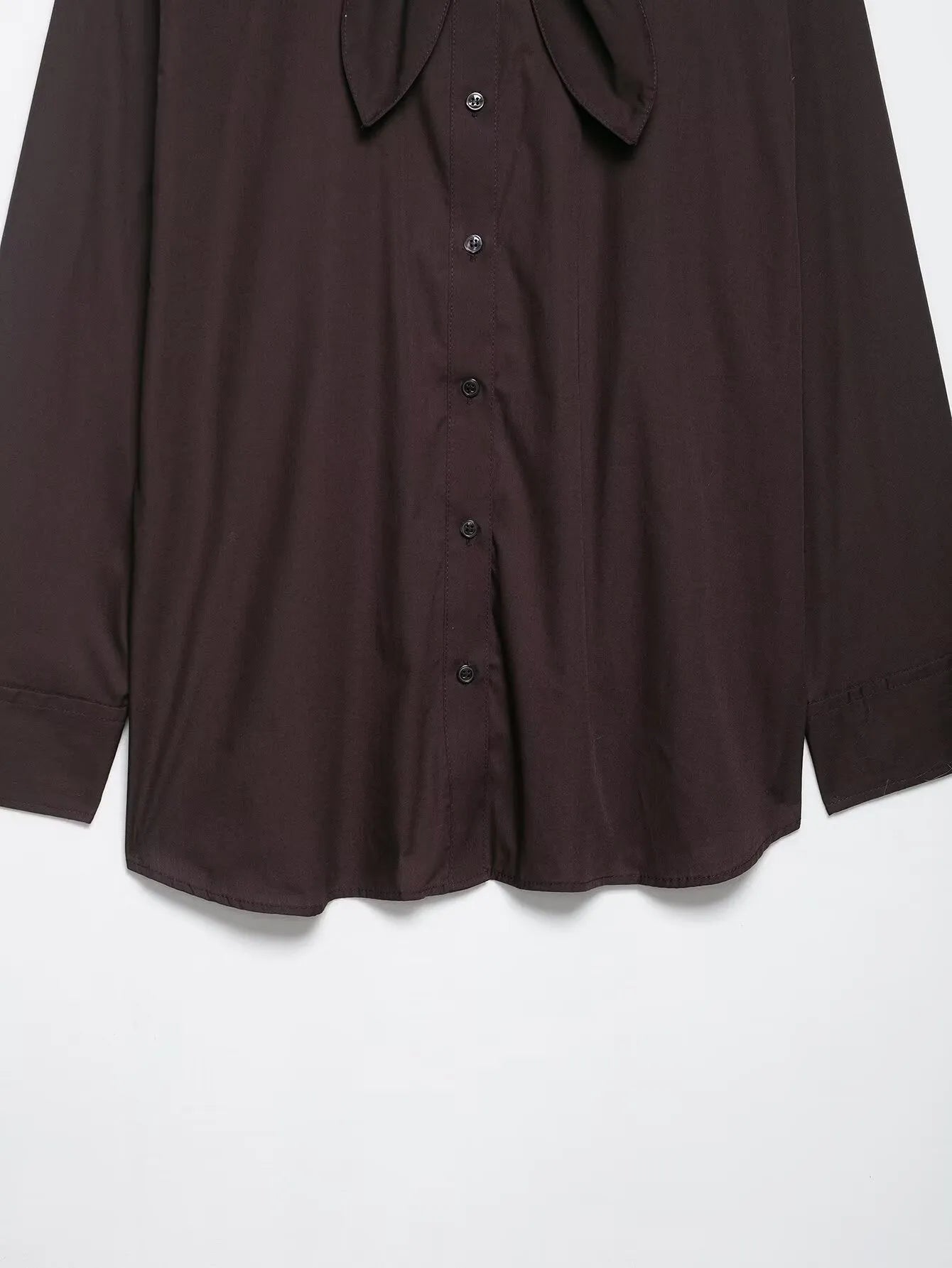 Women's brown solid colour poplin shirt with bow tie and long sleeves, loose fit