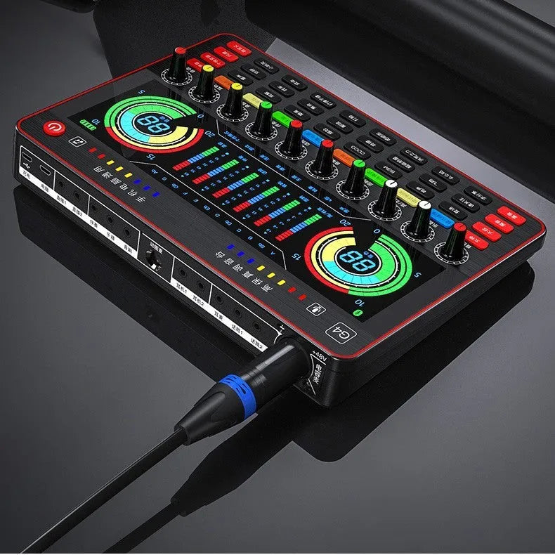 G4 professional live broadcast sound card set with LCD screen, microphone, audio cables, and remote control.