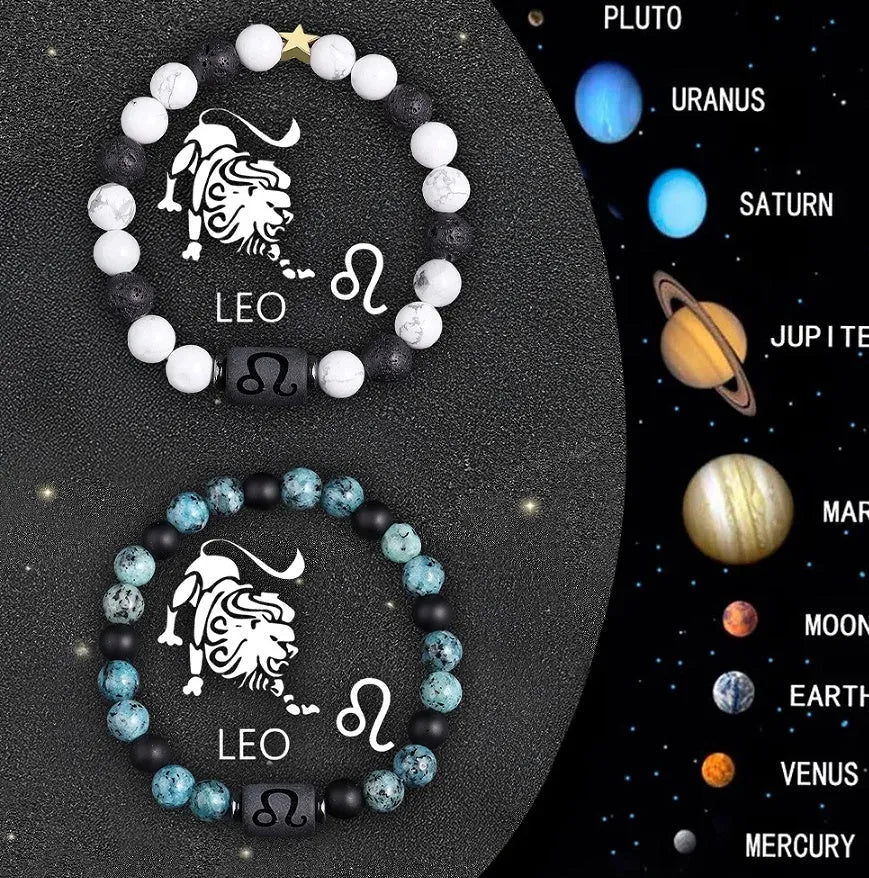 Set of twelve natural stone zodiac sign bracelets with elastic closures arranged in circle