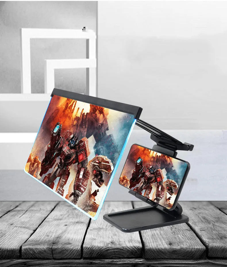 Black 12 inch mobile phone screen amplifier with detachable folding phone holder on desktop