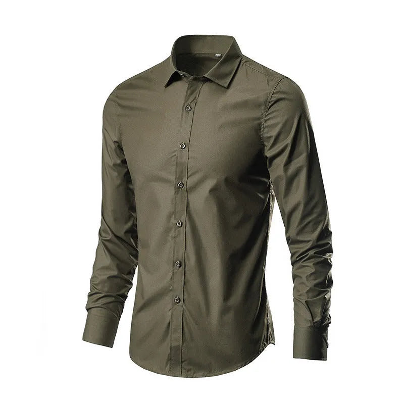 Men's loose-fit long-sleeve linen shirt in a slim style, shown in a neutral colour.