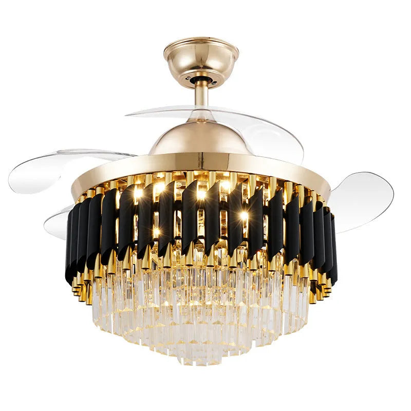 LED crystal chandelier ceiling fan light with wooden blades and remote control on a white ceiling.