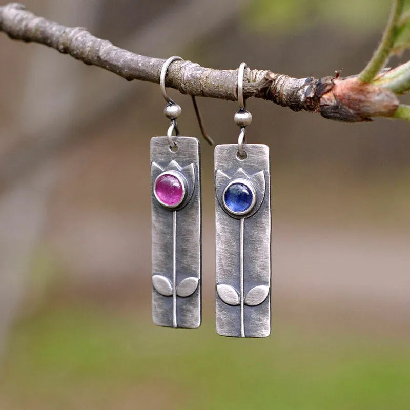 Women's antique finish red sapphire geometric earrings with ellipse design