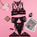 Black women's mesh bra bikini set with embroidery stitching and three-point construction