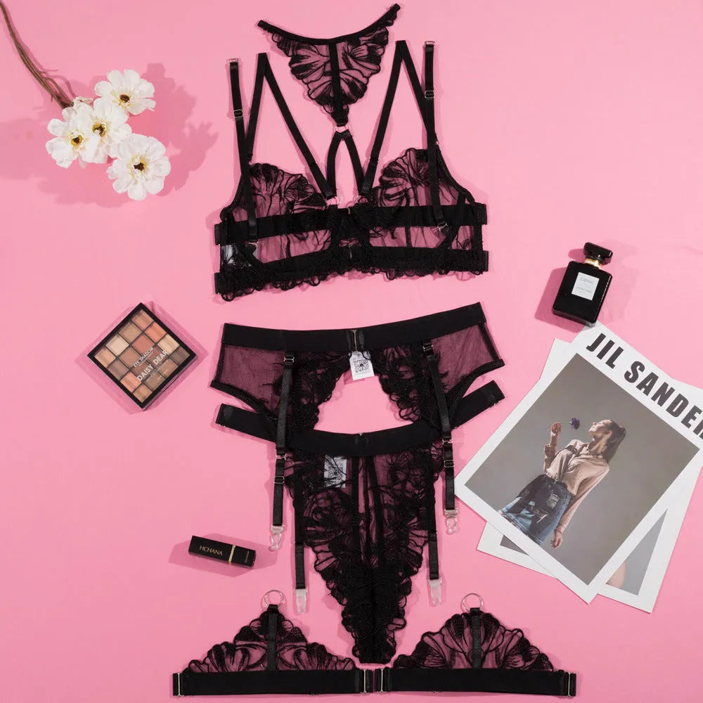 Black women's mesh bra bikini set with embroidery stitching and three-point construction