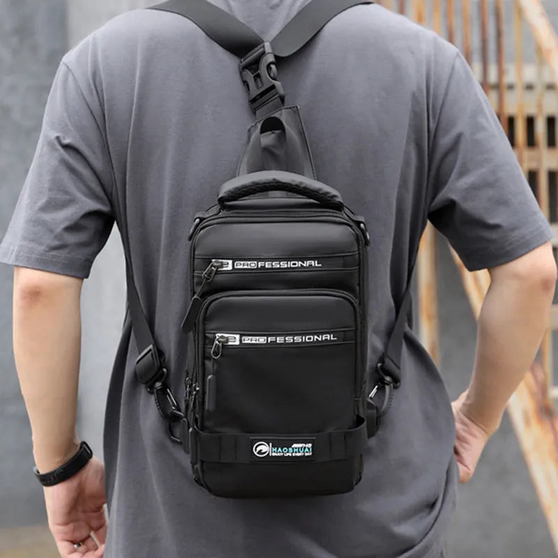 Multifunction nylon bag for men with USB charging port, medium square shape, in khaki colour