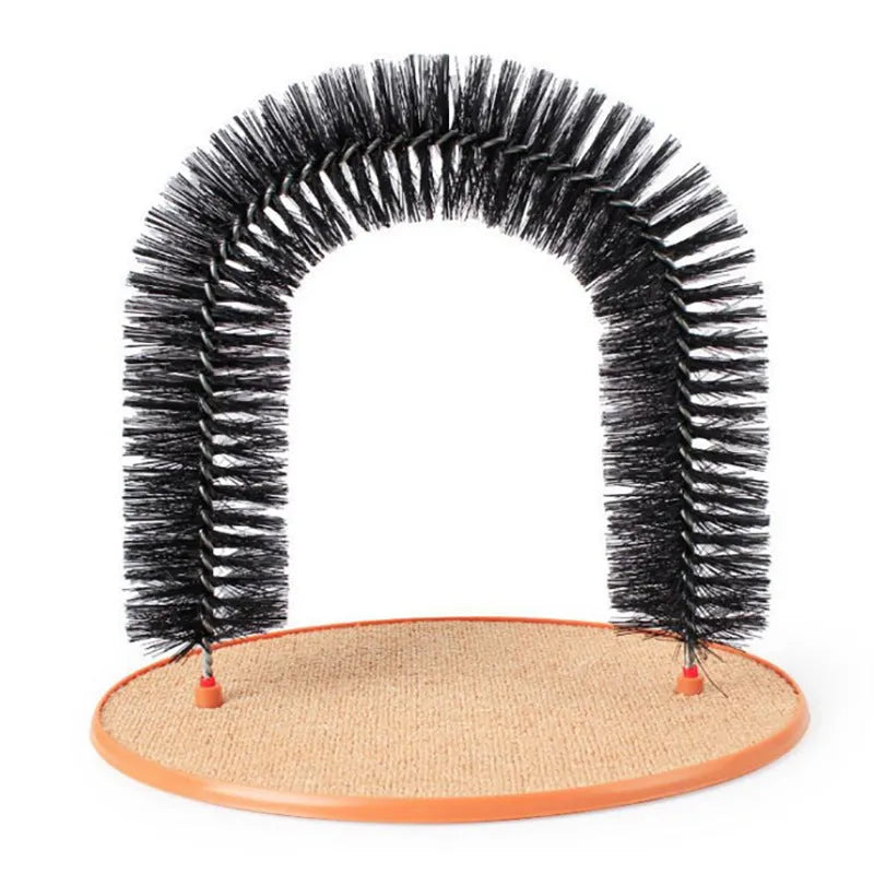 White plastic cat grooming arch scratcher with a central built-in brush panel.