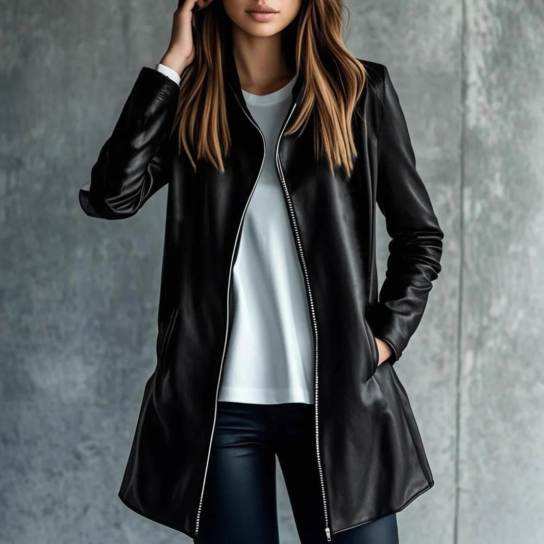 Women's black polyester jacket with long sleeves, medium 65cm length, casual commute style, front view