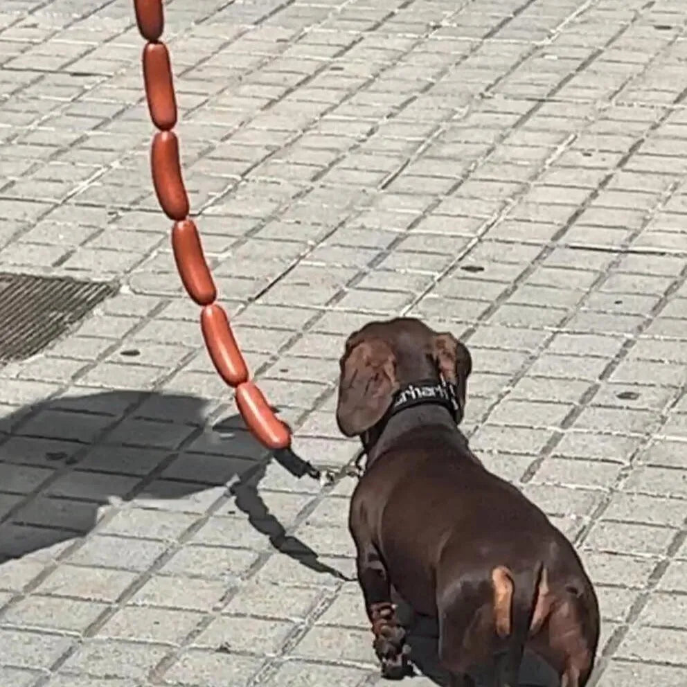 Brown three-section sausage rope toy 108cm long held by hand, pet tug and fetch rope