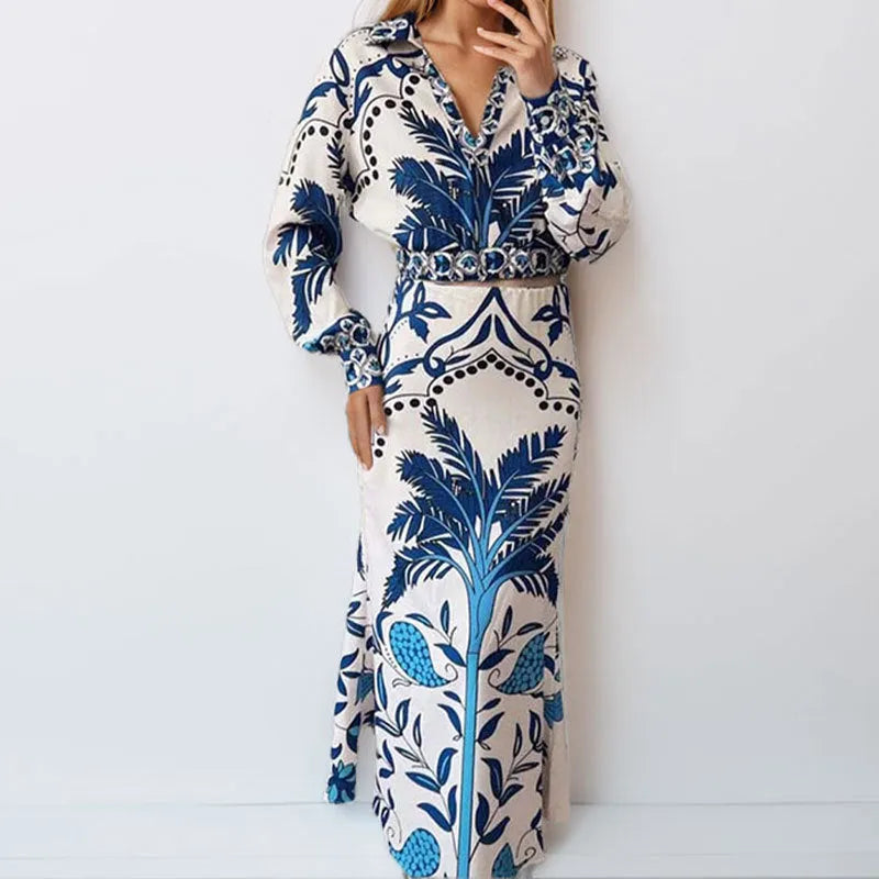 Women's early spring floral print two-piece co-ord set with long sleeve top and matching long skirt
