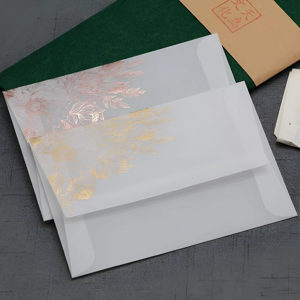 Sulfuric acid paper invitation card with bronzing matte varnish, gold sticker, 12.5x17.6 cm