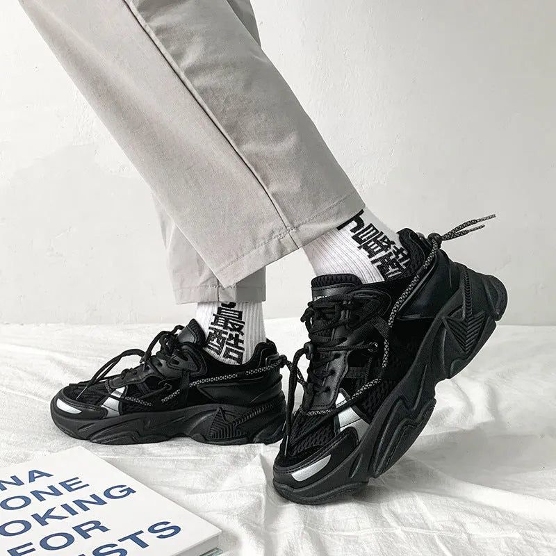 Men's white Korean-style platform dad shoes with lace-up front and mesh lining for height increase